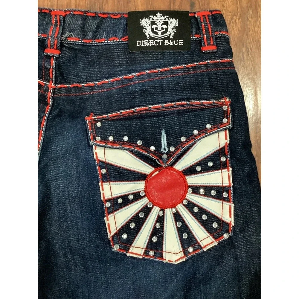 Direct Blue Denim Jean  Shorts 36 Y2K Baggy Embroidered Pockets With Rhinestones